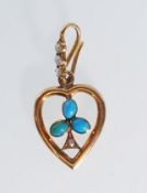 A 20th Century 9ct gold pendant of heart shape set with three turquoise cabochons and seed pearls to