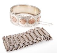 A 19th Century Victorian silver white metal cuff bracelet decorated with hexagonal panels each