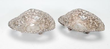A good pair of late 19th Century Victorian heart shaped silver hallmarked pin / trinket dished
