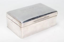 A silver hallmarked desktop box of military interest having a domed lid engraved inscription '