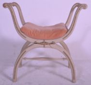 A mid century painted French Louis XV window seat / stool. Raised on x-frame with grey/cream painted
