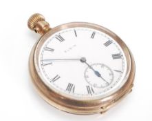 A 20th Century Elgin gold plated open faced pocket watch having a white enamelled dial with roman
