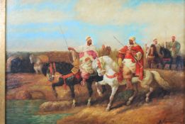 Antonia. A 20th Century oil on board painting. Depicts two figures on horseback at the side of a