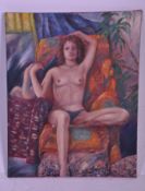 A 20th century amateur oil on board portrait painting nude study of a female in an abstract