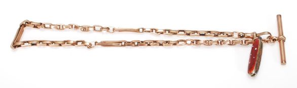 A stamped 9ct gold antique pocket watch chain having bar links, T bar and miniature pen knife.