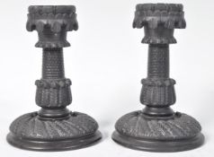 PAIR 19TH CENTURY IRISH BOG OAK FERMANAGH CASTLE CANDLESTICKS