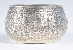 LATE 19TH CENTURY INDIAN SILVER PRAYER BOWL WITH ELEPHANTS