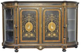 RARE 19TH CENTURY AESTHETIC AMBOYNA AND BONE INLAY CREDENZA