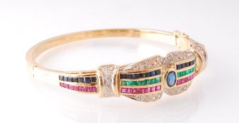 18CT YELLOW GOLD SAPPHIRE EMERALD DIAMOND AND RUBY BANGLE