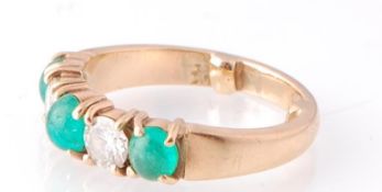 9CT GOLD CABOCHON EMERALD AND DIAMOND 5 STONE RING