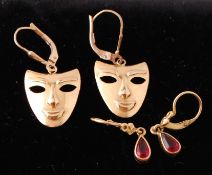 PAIR OF 9CT GOLD THEATRE MASK EARRINGS WITH ANOTHER PAIR