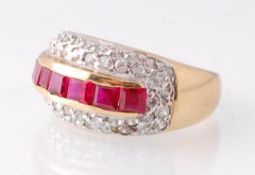 9CT GOLD SYNTHETIC RUBY AND WHITE STONE BRUTALIST RING