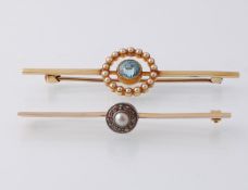 Two early 20th century bar brooches. To include an 18ct gold, platinum, diamond and pearl brooch