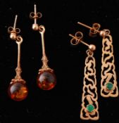 PAIR 9CT GOLD HALLMARKED EMERALD EARRINGS WITH ANOTHER PAIR