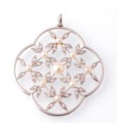 A white metal French openwork pearl and diamond pendant. The pendant set with rose cut diamonds