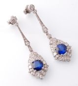 A Pair of Cased Art Deco Sapphire & Diamond Drop Earrings