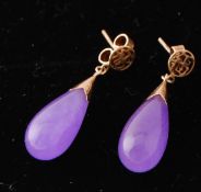PAIR CHINESE 9CT GOLD BIRMINGHAM HALLMARKED LAVENDER JADE EARRINGS