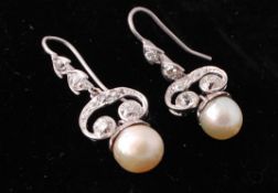 A Pair of Natural Saltwater Pearl & Diamond Drop Earrings