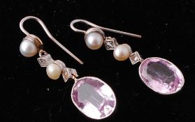 A Pair of Pink Tourmaline Diamond and Pearl Drop Earrings