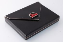 A French Art Deco Egyptian Revival Silver, Enamel, Diamond Compact Case