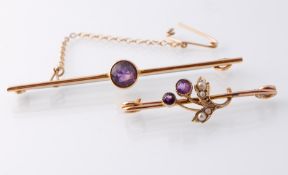 Two Gold and Amethyst Bar Brooches.