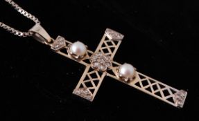 A French 18ct White Gold Diamond & Pearl Pendant Necklace