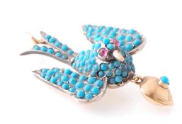 An Antique Gold Turquoise Set Figural Bird Pendant