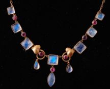 A Late 19th Century Art Nouveau Gold, Ruby & Moonstone Festoon Necklace.