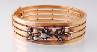 A French 18ct Gold Diamond & Pearl Bangle