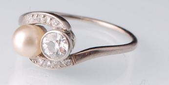 An Art Deco 18ct White Gold Pearl & Diamond Crossover Ring
