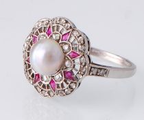 A French Art Deco 18ct White Gold Pearl & Diamond Cluster Ring