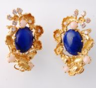 A pair of French 18ct Gold Lapis Coral & Diamond Earrings