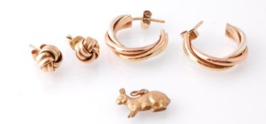9CT GOLD CREOLE EARRINGS, KNOT EARRINGS AND RABBIT PENDANT