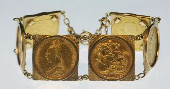 A 9CT GOLD TEXTURED PANEL BRACELET SET WITH SIX SO