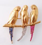 ART DECO 18CT GOLD SAPPHIRE RUBY AND DIAMOND BUDGERIGAR BROOCH
