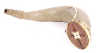 RARE 18TH CENTURY HORN TREEN AND IVORY POWDER FLASK