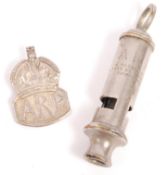 ORIGINAL WWII ARP SILVER HALLMARKED BADGE & WHISTL