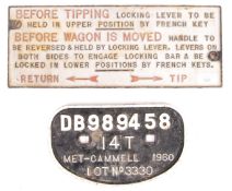 RAILWAY TRAIN LOCOMOTIVE CAST IRON SIGNS FROM A BALAST TRUCK