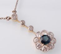 An 18ct Gold Sapphire & Diamond Cluster Drop Penda