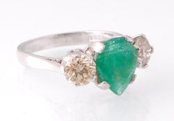 18CT WHITE GOLD DIAMOND AND EMERALD TEARDROP RING