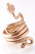 A 9CT GOLD AND DIAMOND SNAKE RING WITH DIAMOND EYE