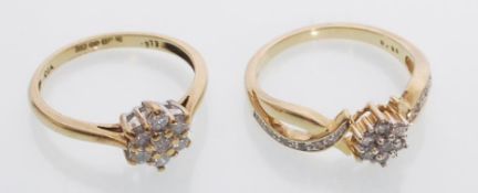 Two 9ct gold ladies diamond cluster rings to inclu