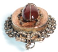 A 19th Century Victorian brooch of ovular form decorated with a beetle set with a red stone and