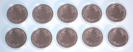 A good set of ten matching Britannia 2019 Queen Elizabeth II two pound 1oz 999 fine silver coins
