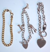A selection of silver bracelets to include a gilt flat link bracelet with a lobster clasp, an