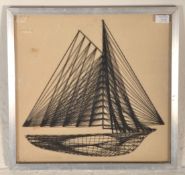 A vintage 20th Century sailing related picture of a boat created using mound black threads on a