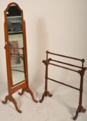 A vintage 20th Century Victorian style cheval mirror together with a Victorian mahogany towel rail