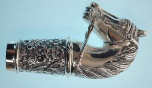 A stamped 800 silver antique style walking stick handle in the form of a horses head with a floral