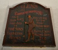 A large wooden hand pained advertising sign for Glens Complete Angling - Everything for the Finer