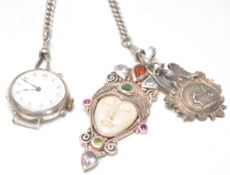 A good silver hallmarked albert chain and t-bar adorned with a silver services wristwatch from the